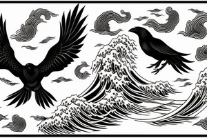 crow with hokusai waves tattoo idea