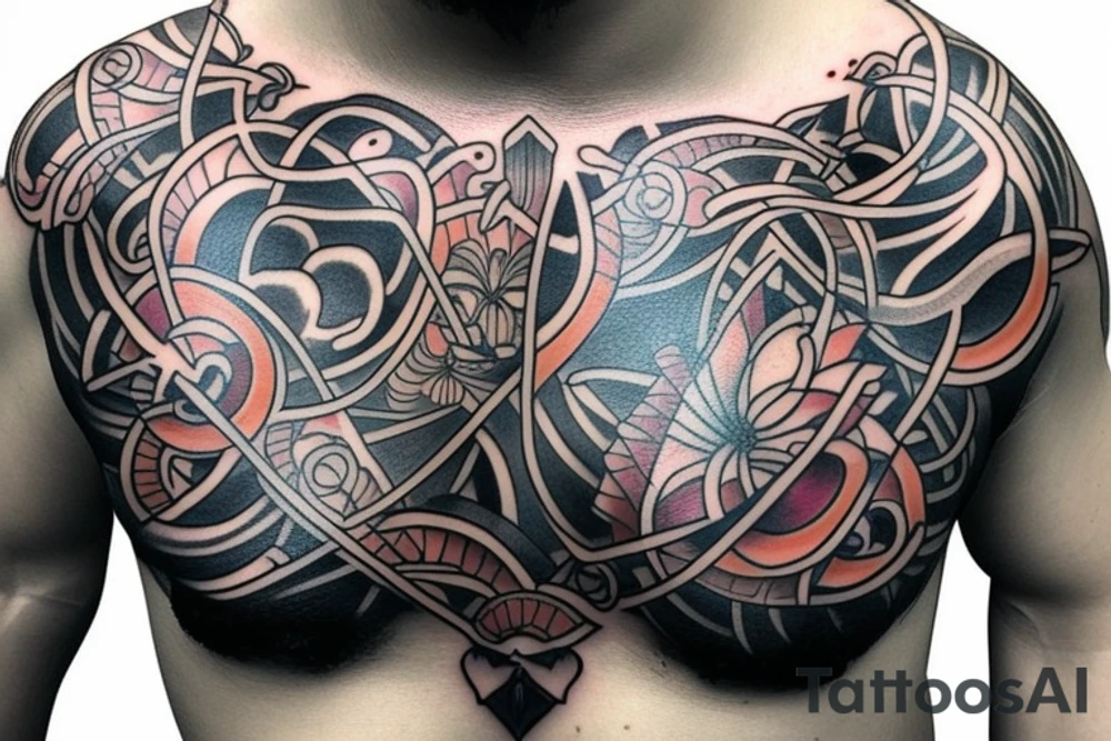 Chest tattoo based around a dark heart in the center tattoo idea