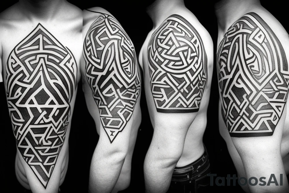 An open eye with tears, surrounded by a thunderstorm, incorporating a Norse Valknut and esoteric tattoo idea
