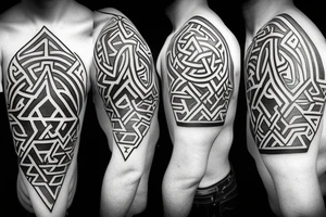 An open eye with tears, surrounded by a thunderstorm, incorporating a Norse Valknut and esoteric tattoo idea