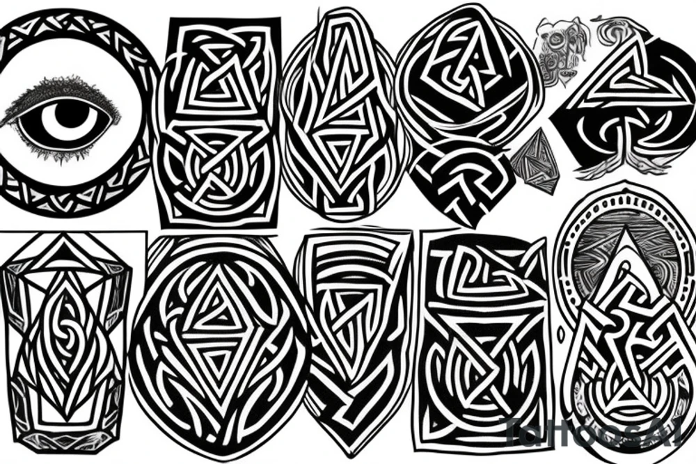 An open eye with tears, surrounded by a thunderstorm, incorporating a Norse Valknut and esoteric tattoo idea
