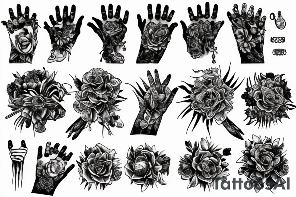 fingers, flowers, chains, fear, horror, suffering tattoo idea