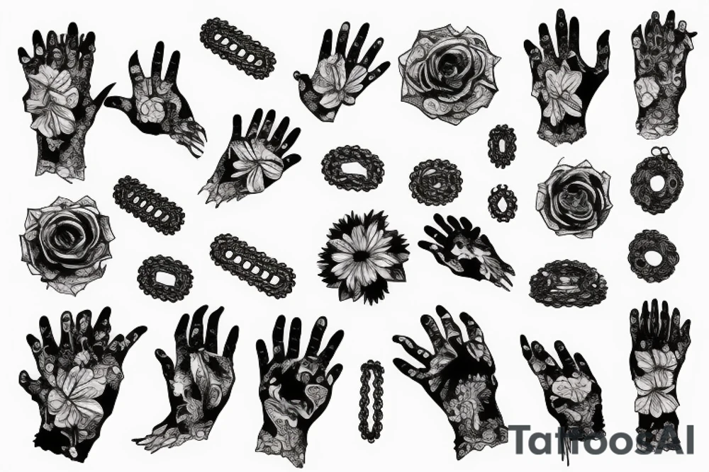 fingers, flowers, chains, fear, horror, suffering tattoo idea