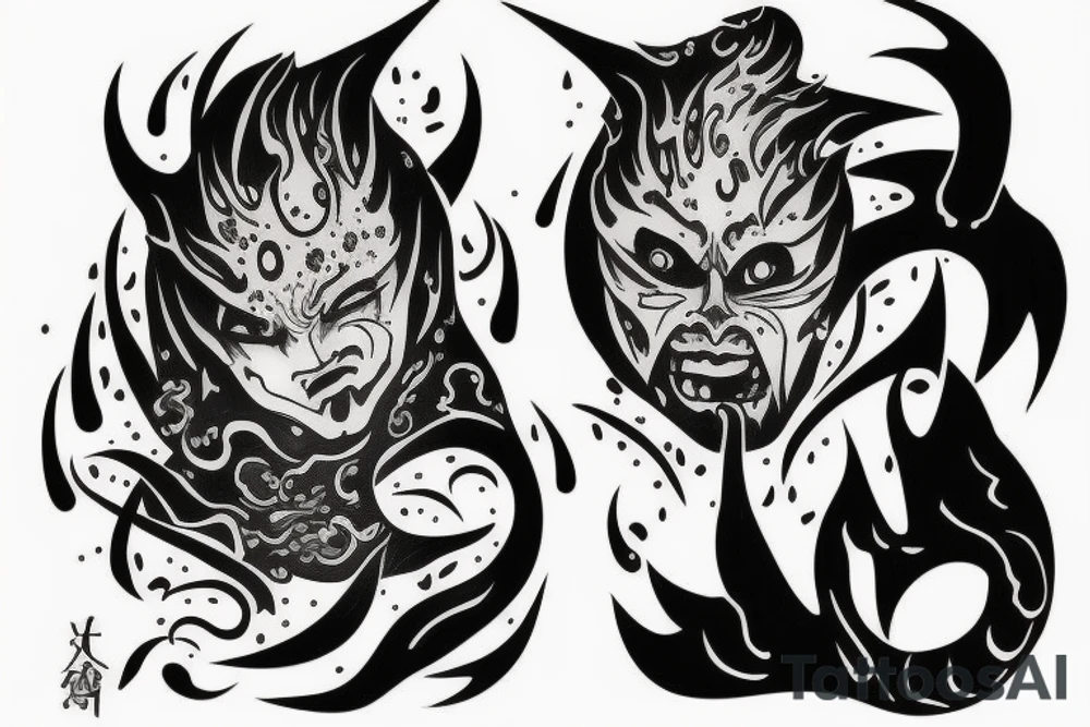 a demon crying a tear of gold and a tear of fire tattoo idea