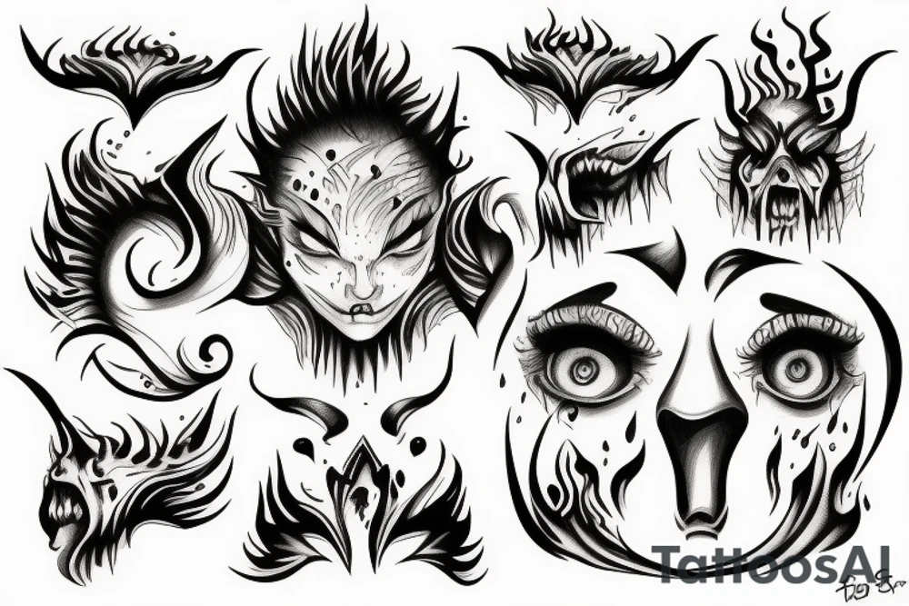 a demon crying a tear of gold and a tear of fire tattoo idea