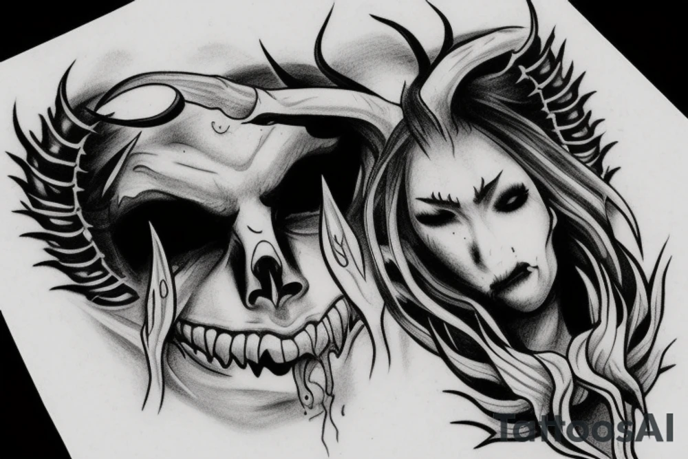 a demon crying a tear of gold and a tear of fire tattoo idea