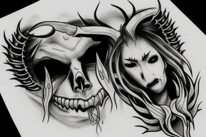 a demon crying a tear of gold and a tear of fire tattoo idea