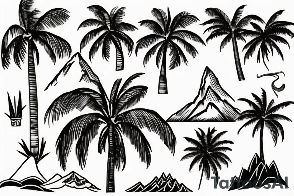 Mountains, ocean, and palm trees tattoo idea