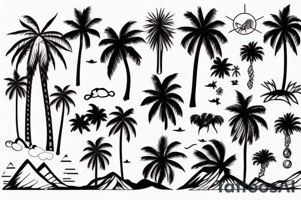 Mountains, ocean, and palm trees tattoo idea