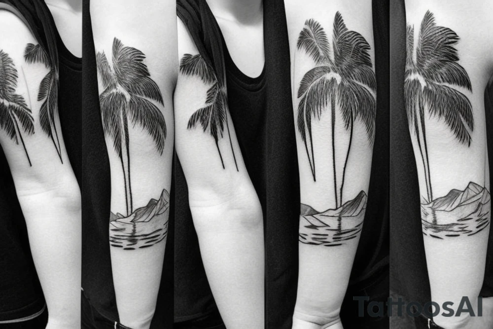 Snowy mountains, ocean, and palm trees tattoo idea