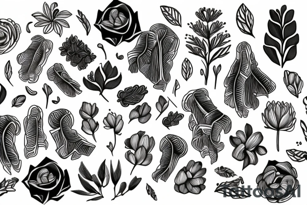 Human ribs with flowers and plants on half of it and geometric background tattoo idea