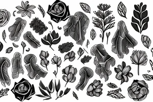 Human ribs with flowers and plants on half of it and geometric background tattoo idea