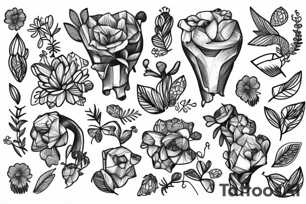 Ribs with flowers and plants on half of it and geometric background tattoo idea