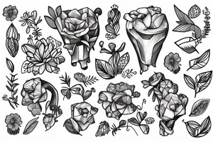Ribs with flowers and plants on half of it and geometric background tattoo idea