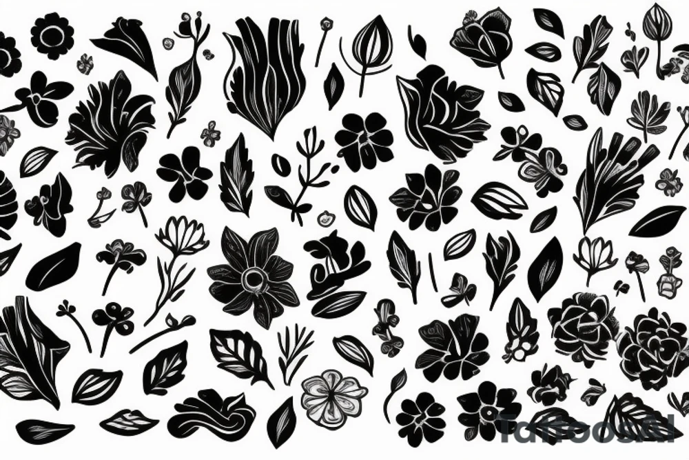 Ribs with flowers and plants on half of it and geometric background tattoo idea