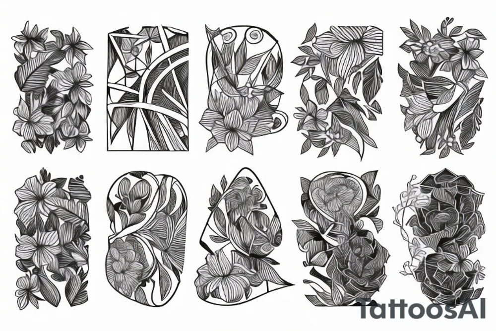 Rib cage with flowers and plants on half of it and geometric background tattoo idea