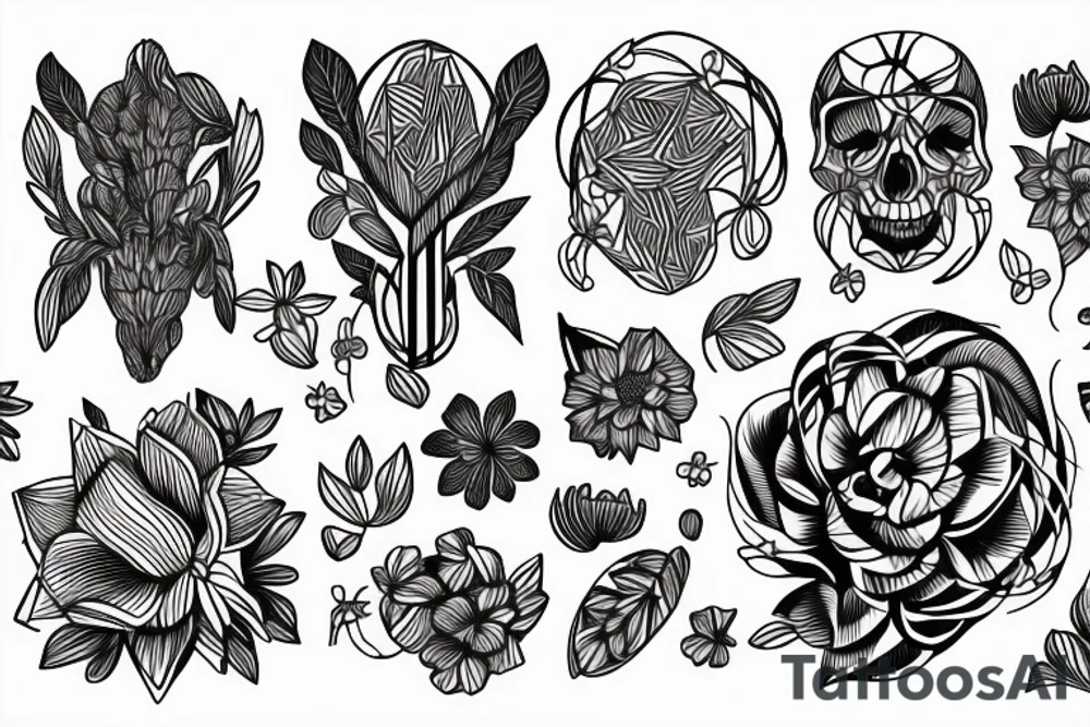 Rib cage with flowers and plants on half of it and geometric background tattoo idea