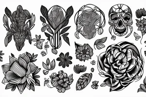 Rib cage with flowers and plants on half of it and geometric background tattoo idea