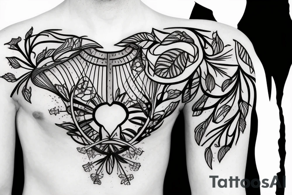 Rib cage with flowers and plants on half of it and geometric background tattoo idea