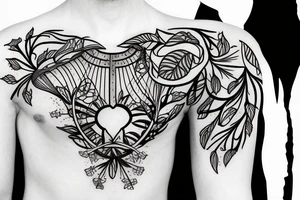 Rib cage with flowers and plants on half of it and geometric background tattoo idea