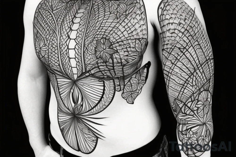 Rib cage with flowers and plants on half of it and geometric background tattoo idea