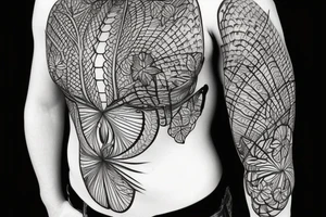 Rib cage with flowers and plants on half of it and geometric background tattoo idea