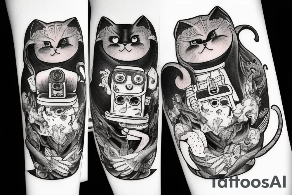 Large witch cat robotics student surreal 80s suspicious lazy but cool calm collected badass tattoo idea