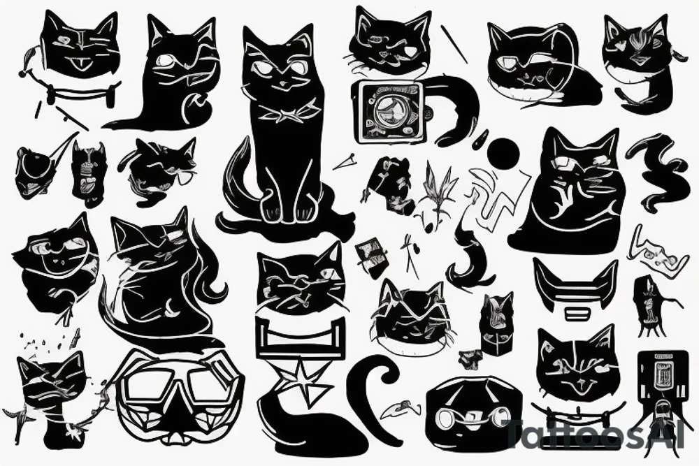 Large witch cat robotics student surreal 80s suspicious lazy but cool calm collected badass tattoo idea