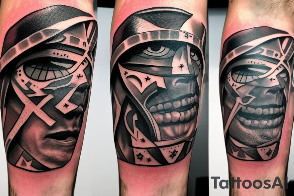 A spartan warrior theme with a triangle eye in the middle tattoo idea