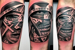 A spartan warrior theme with a triangle eye in the middle tattoo idea