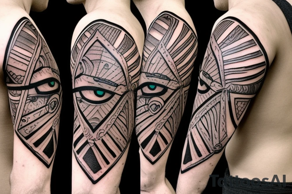 A spartan warrior theme with a triangle eye in the middle tattoo idea