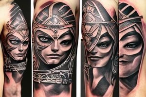A spartan warrior and roman sleeve with bermuda eye tattoo idea
