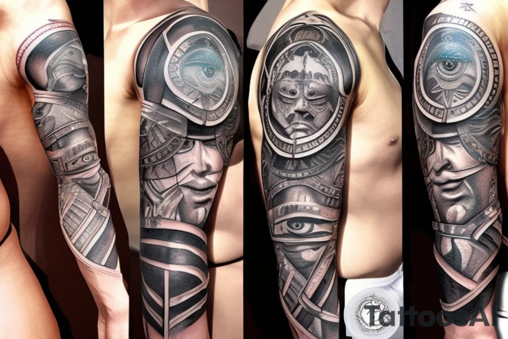 A spartan warrior and roman sleeve with bermuda eye tattoo idea