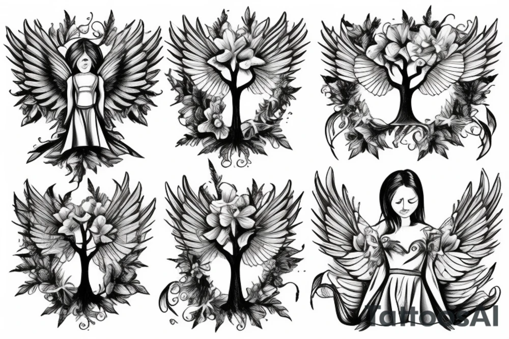 Angel, hourglass, tree, train tattoo idea