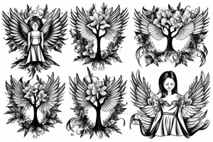Angel, hourglass, tree, train tattoo idea