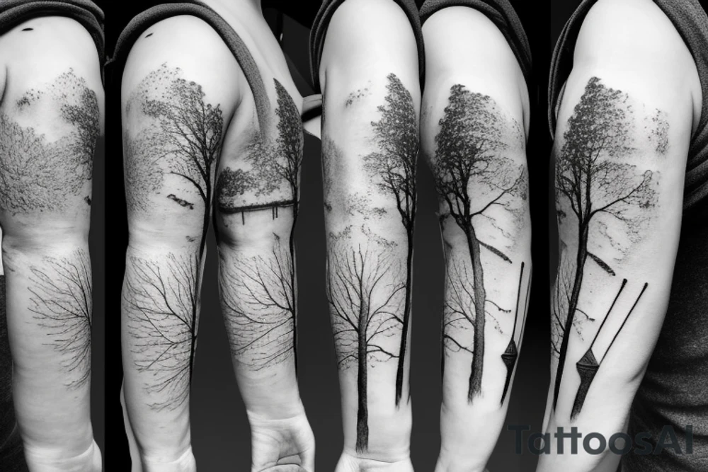 Angel, hourglass, tree, train tattoo idea