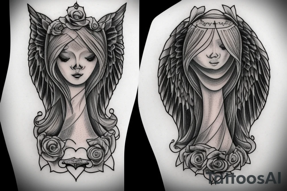 Angel, hourglass, tree, train tattoo idea
