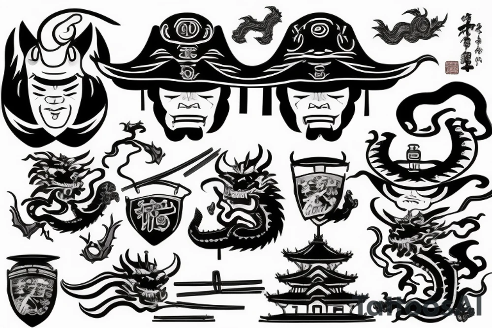 angry samurai with a hat surrounded by old school chinese buildings and a dragon tattoo idea