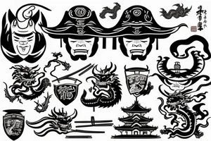 angry samurai with a hat surrounded by old school chinese buildings and a dragon tattoo idea