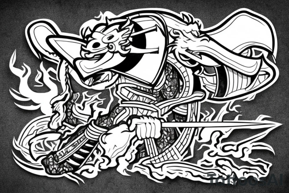 angry samurai with a hat surrounded by old school chinese buildings and a dragon tattoo idea