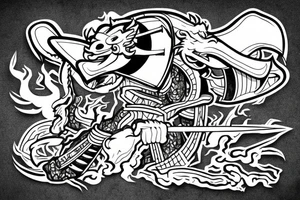 angry samurai with a hat surrounded by old school chinese buildings and a dragon tattoo idea