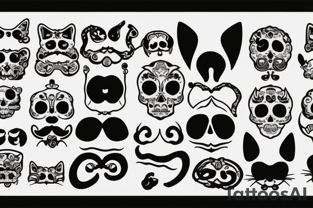 the skull of a cat, with a mustache, with an earring in his ear, with a scar on his skull, a grin tattoo idea