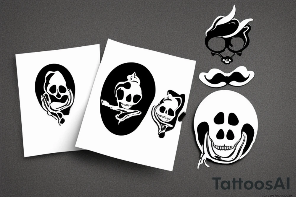 the skull of a cat, with a mustache, with an earring in his ear, with a scar on his skull, a grin tattoo idea
