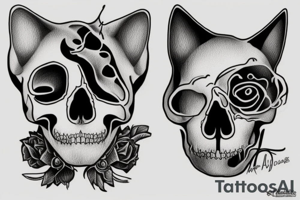 an image of one anatomically correct cat skull, a cat skull, an earring in the ear, a scar on the skull, with a cat mustache, correct proportions, bold lines, not a curve tattoo idea
