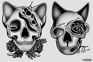 an image of one anatomically correct cat skull, a cat skull, an earring in the ear, a scar on the skull, with a cat mustache, correct proportions, bold lines, not a curve tattoo idea