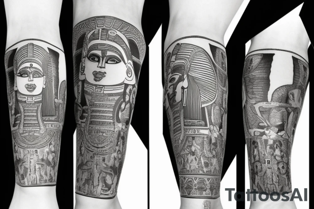 Leg sleeve with egyptian symbols like Sphinx tattoo idea