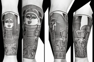 Leg sleeve with egyptian symbols like Sphinx tattoo idea