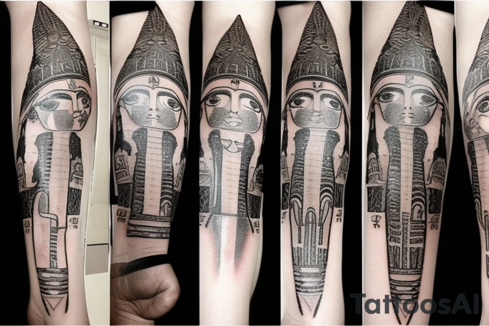 Leg sleeve with egyptian symbols like Sphinx tattoo idea