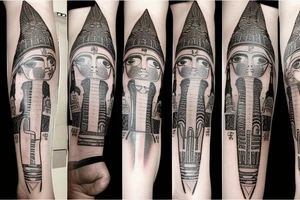 Leg sleeve with egyptian symbols like Sphinx tattoo idea