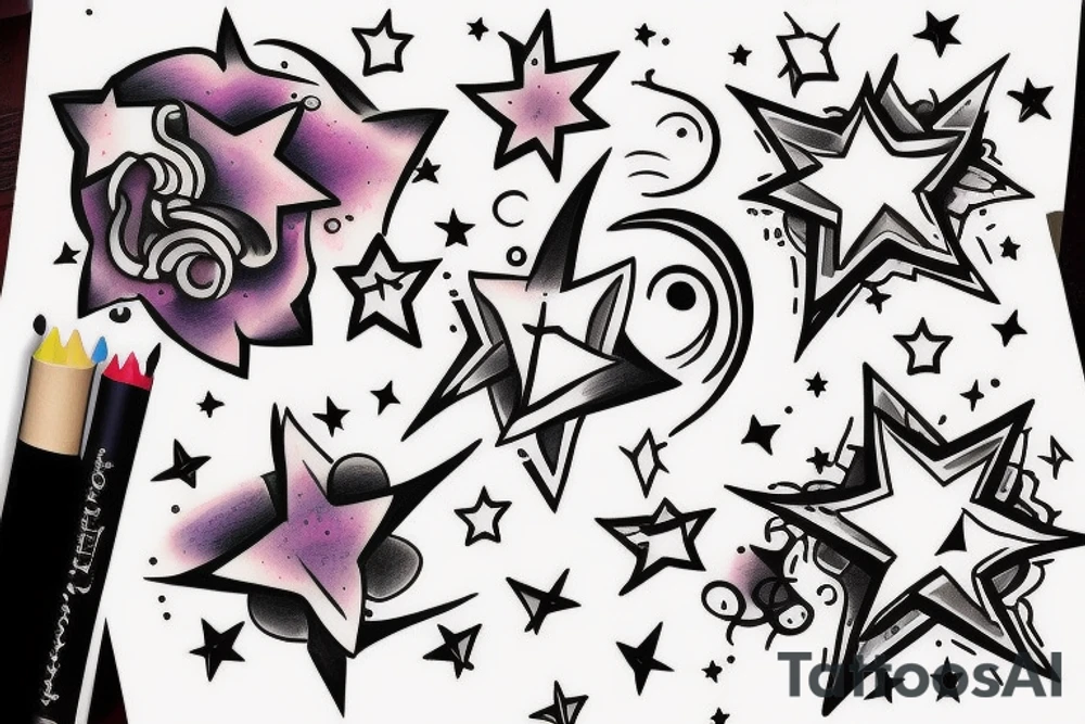I want colour tattoo shooting stars and bunch of stars around it only small tattoo idea